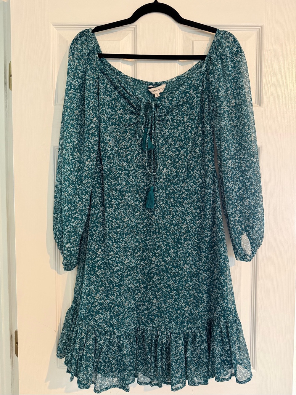 Teal Floral Peasant Dress with Tassel Tie off the shoulder